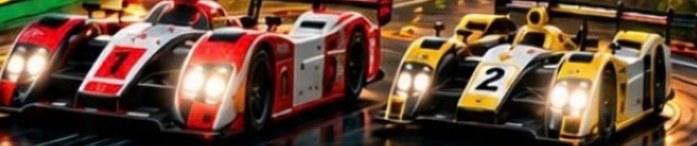 Two prototype slot cars racing at night